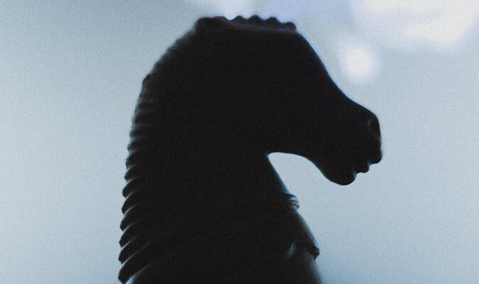 Moody silhouette of a chess knight with a blurred background, evoking strategic contemplation.