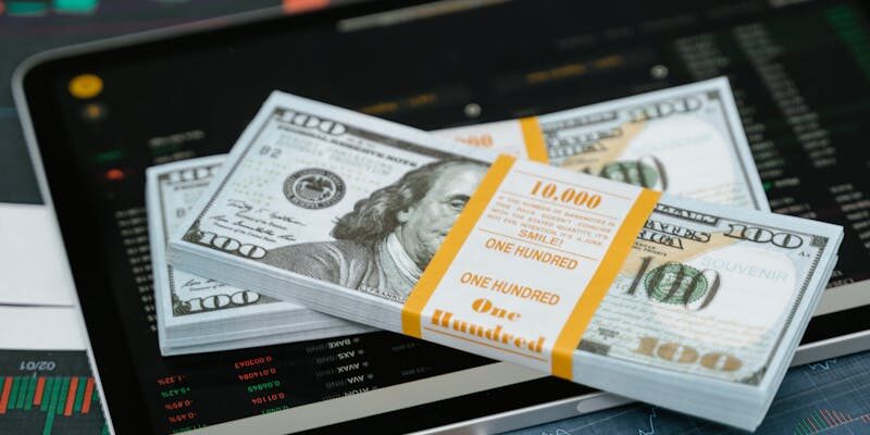 Stack of $100 bills placed on a tablet with financial graphs, symbolizing digital finance.