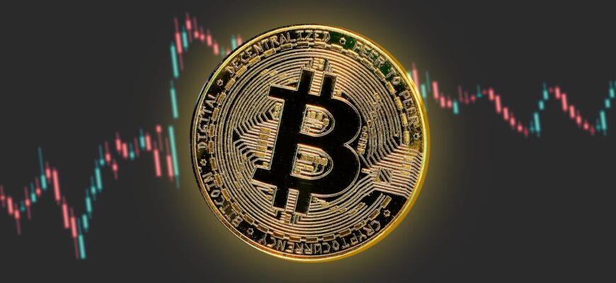 a bitcoin is shown in front of a stock chart